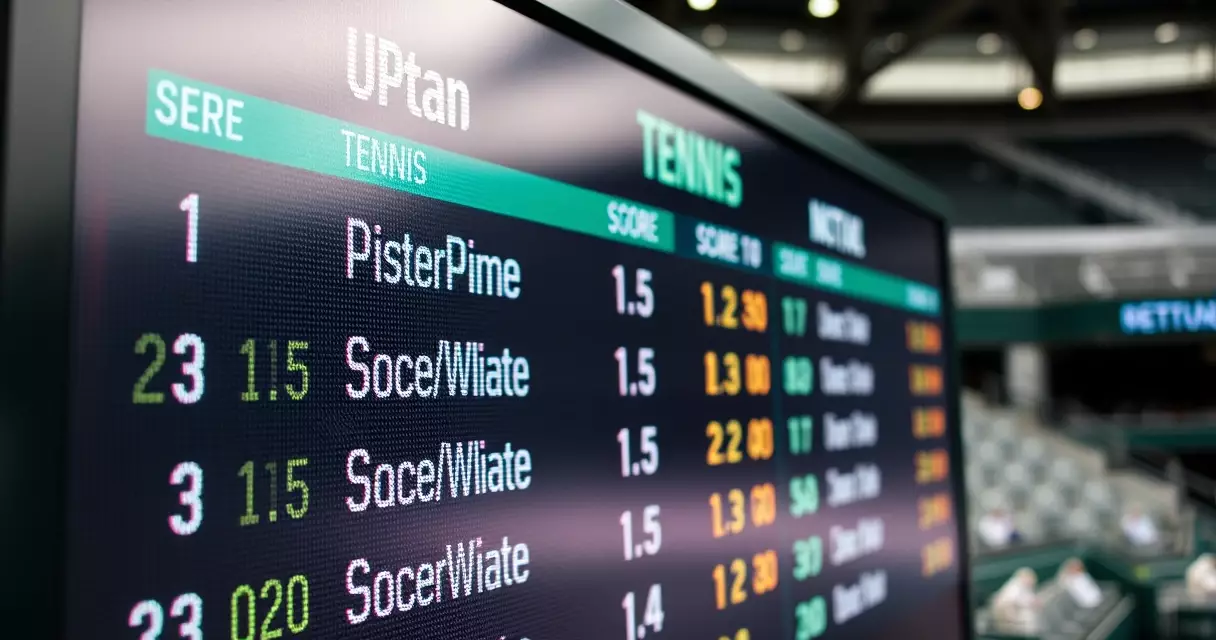 Electronic tennis scoreboard showing set scores and player names