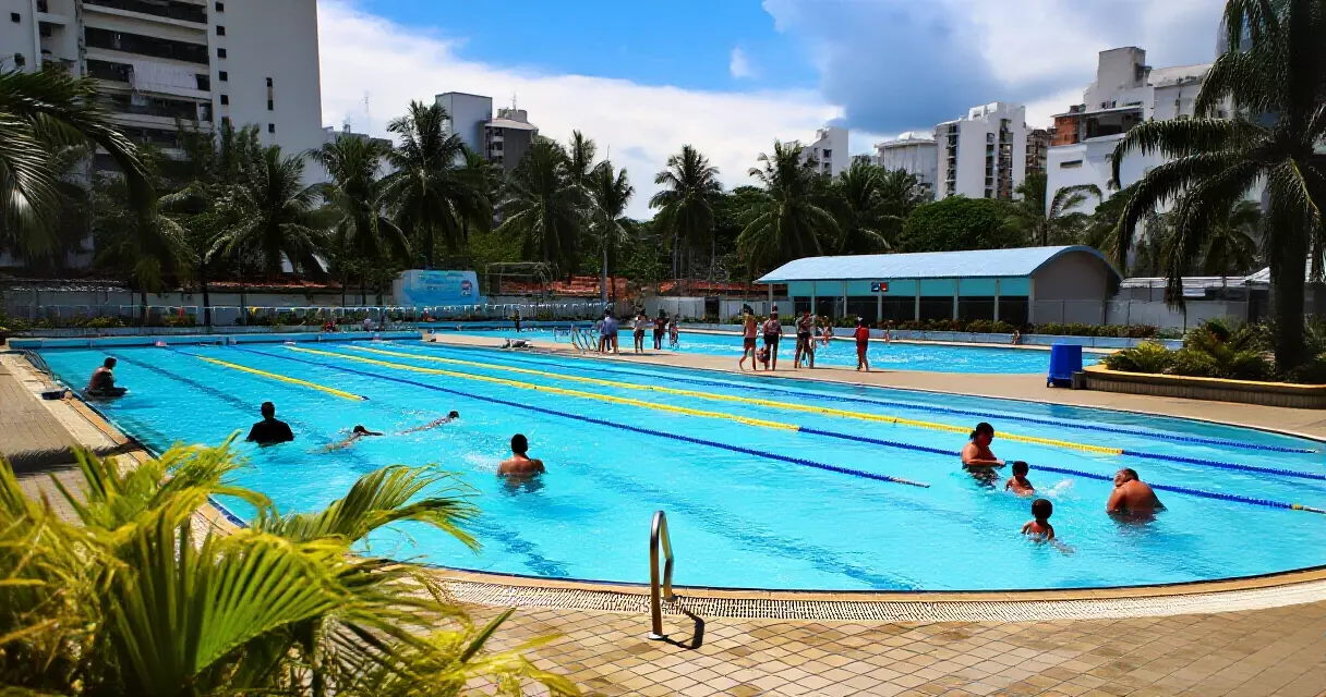 Public swimming complex in Singapore with residents swimming laps in outdoor pool