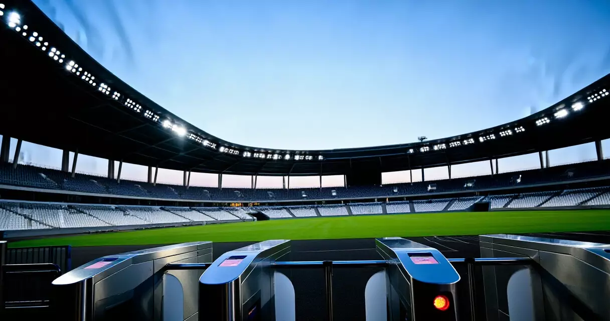 Empty stadium seating bowl at dusk representing the commercial side of sport regulated in Singapore