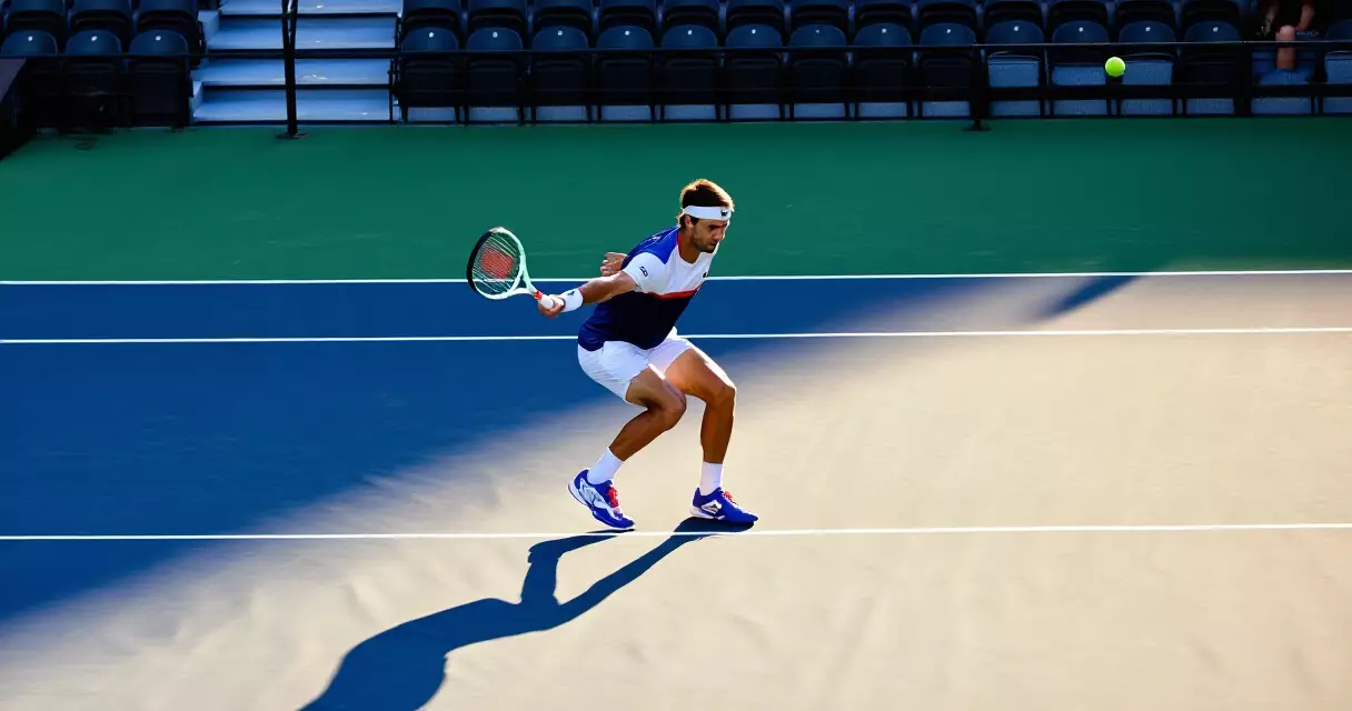 Professional tennis player in serving stance on outdoor hard court stadium