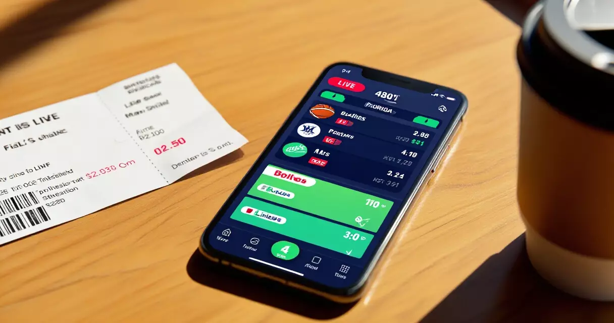 Phone showing a live baseball score app next to a ballpark ticket and coffee