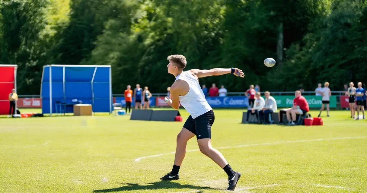 Athlete competing in a multi-sport outdoor competition on grass field