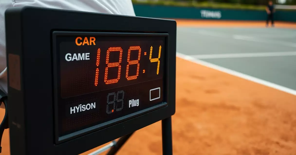 Tennis scoreboard displaying game and set numbers beside a clay court