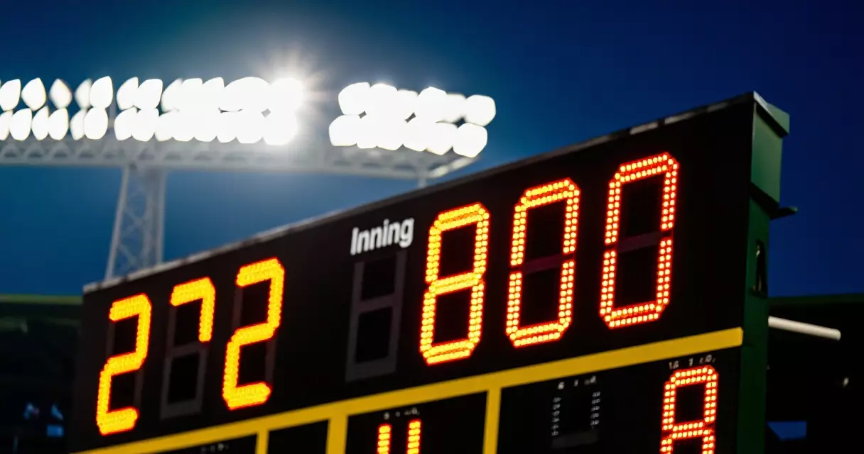 Stadium scoreboard at night showing inning numbers and team scores