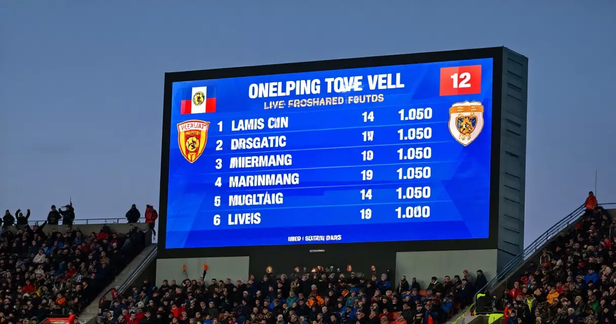 Stadium scoreboard displaying live competition statistics and match reference data