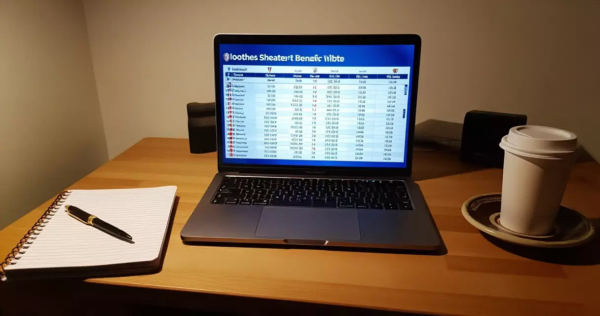 Desk with a laptop showing a football standings table during match coverage