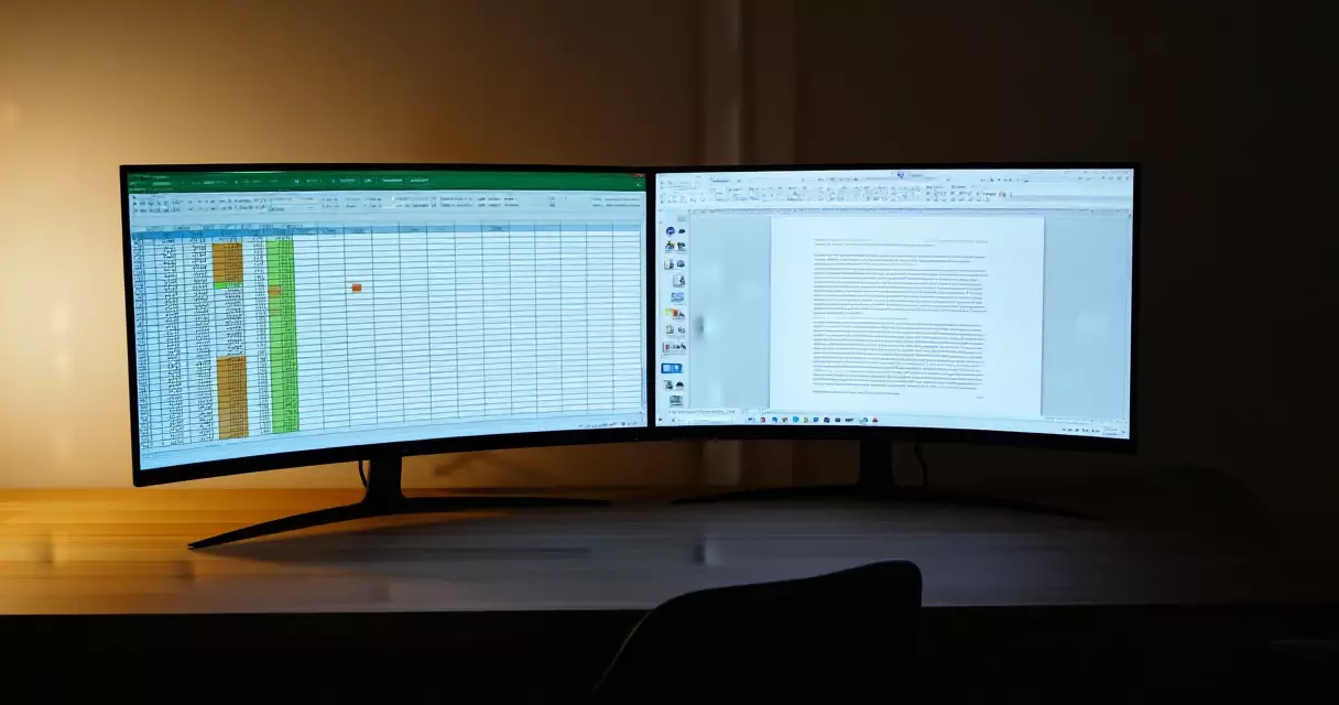 Two monitors showing data spreadsheet and written document side by side on a desk