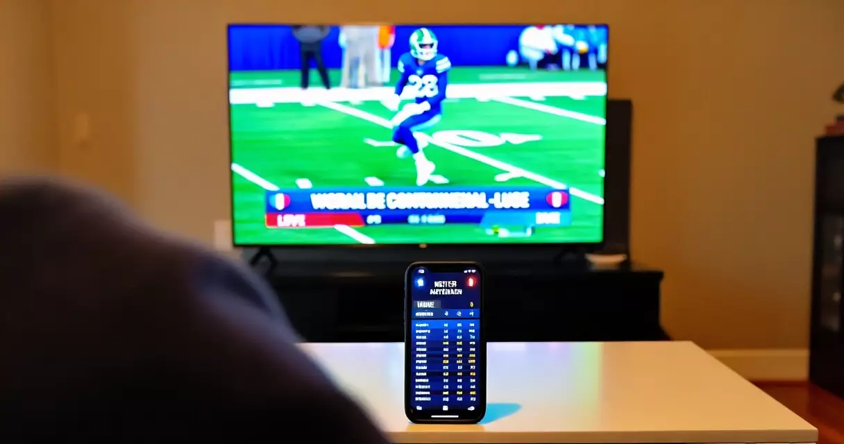 Person watching NFL game recap on TV with stats visible on smartphone nearby