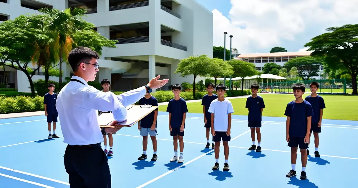 Sports management coordinator directing student sports programme on outdoor court in Singapore