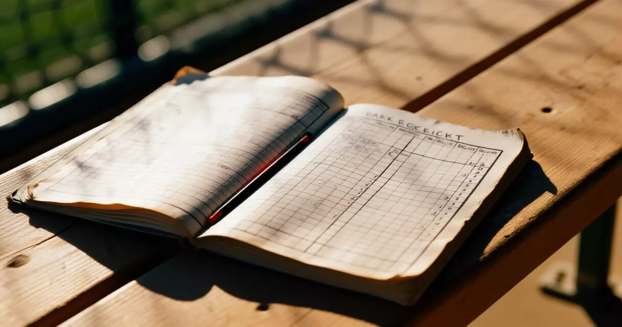 Handwritten K strikeout symbols in a baseball scorebook on a dugout bench