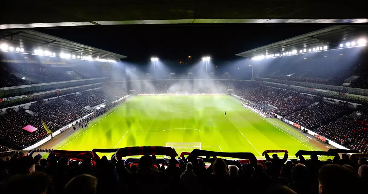 Floodlit football stadium at night from press box perspective during a major European match