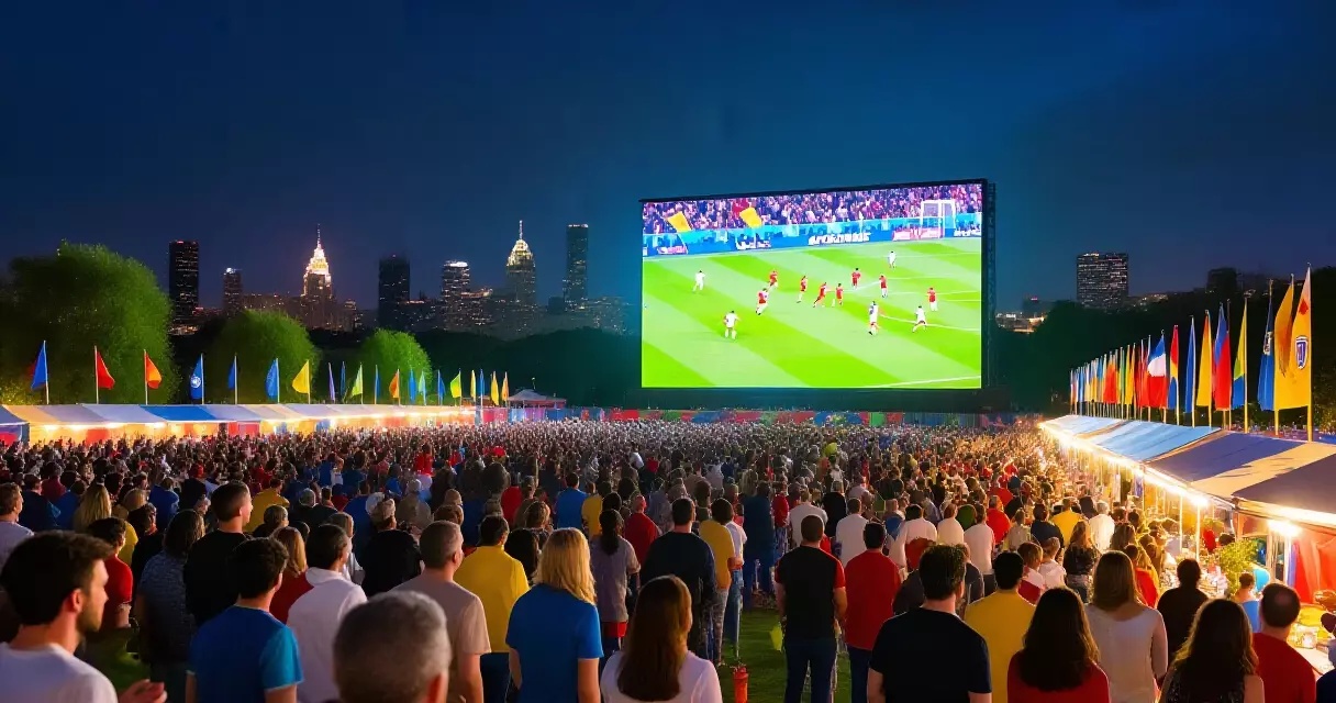 Thousands of soccer fans gathered at an outdoor fan zone watching a World Cup match on a large screen