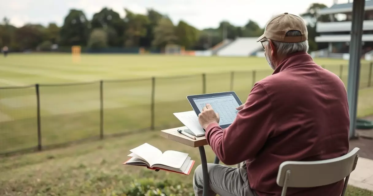 Cricket scorer recording a club match on a tablet beside a paper scorebook