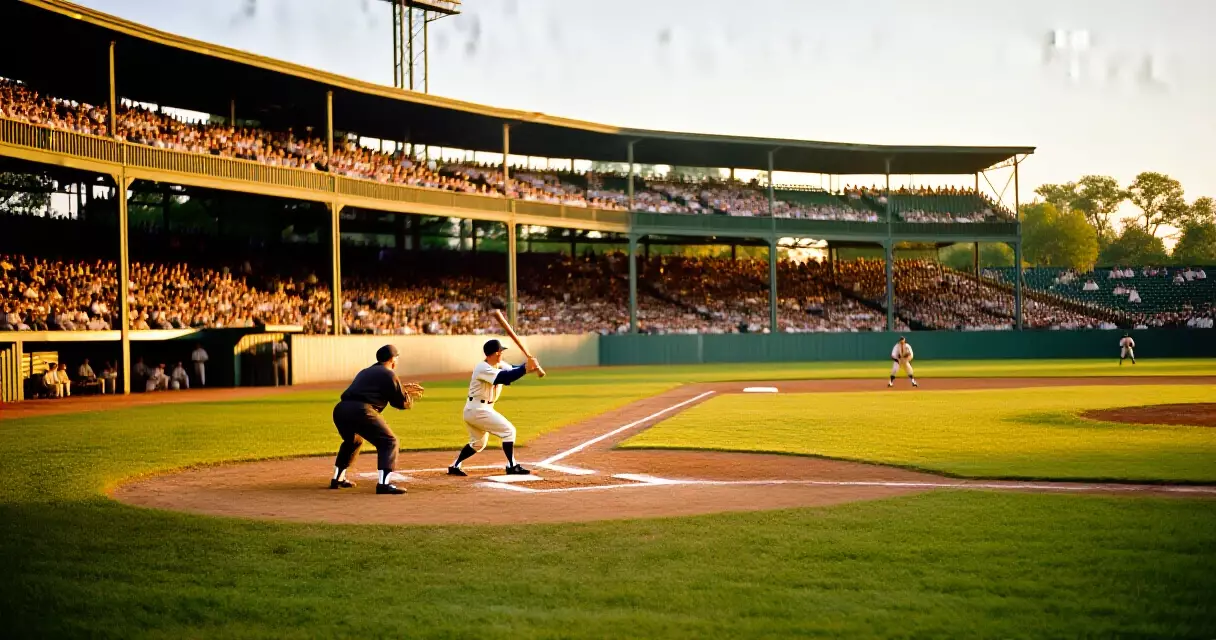 Historic baseball stadium packed with fans during a World Series game, golden afternoon light