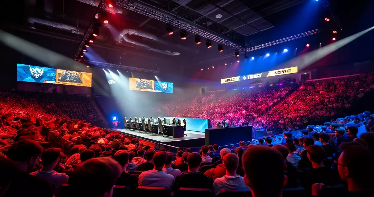 Large esports arena filled with spectators watching a major international esports tournament