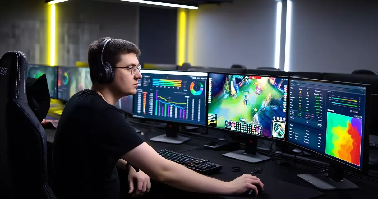 Esports analyst reviewing ranked match replay footage on multi-monitor workstation