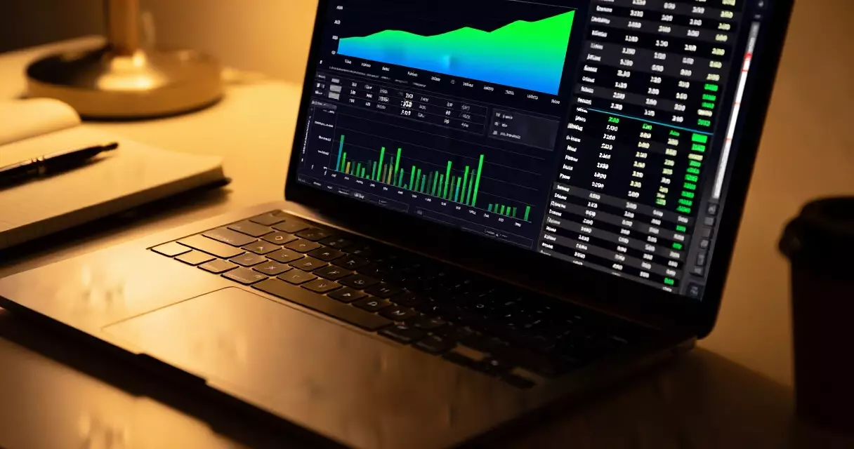 Football analyst reviewing match statistics and data charts on a laptop