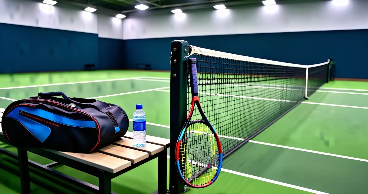 Empty tennis court with racket resting at net, indoor arena setting