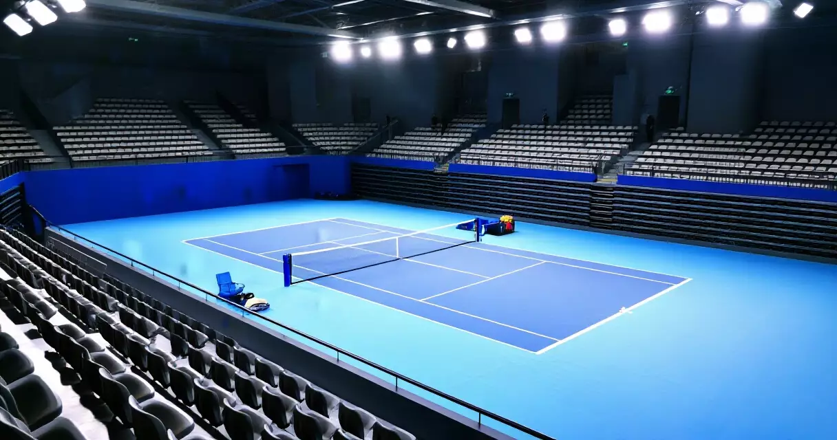 Empty indoor hard-court tennis arena ahead of a professional tournament