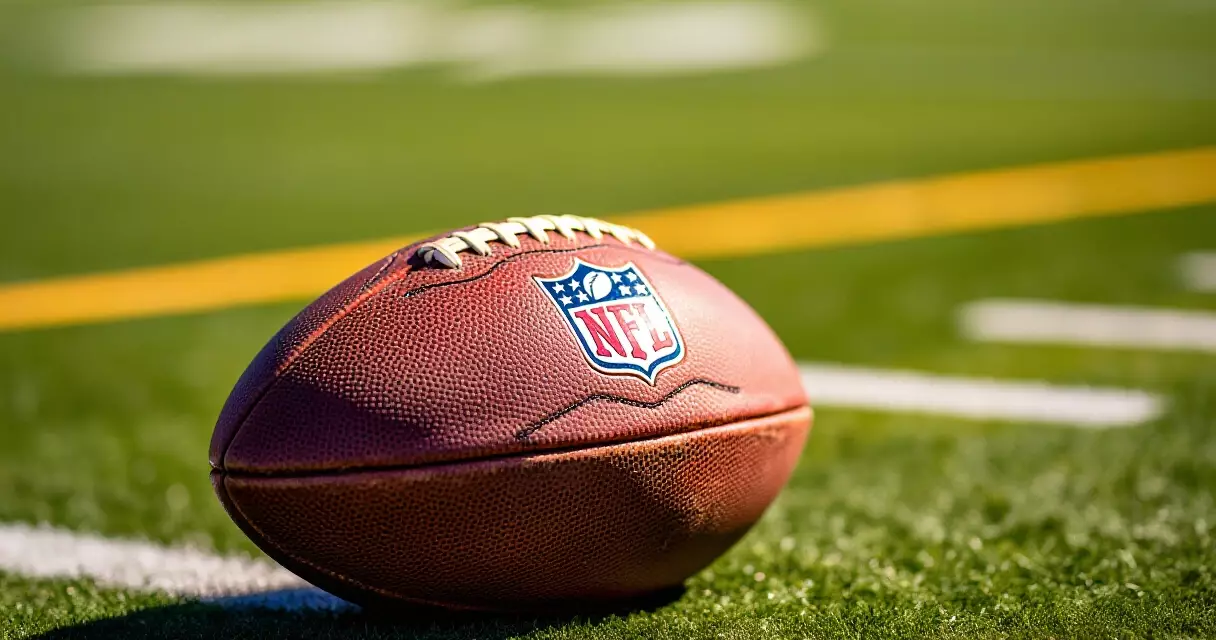 NFL football resting on grass field with yard line markings visible in background
