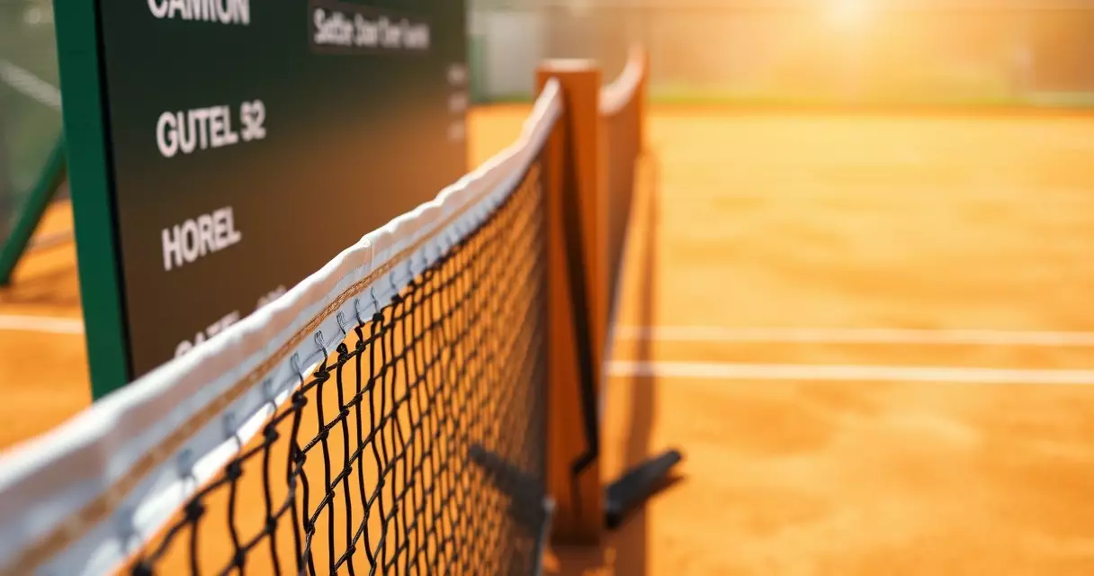 Tennis net post and scoreboard on a clay court in daylight