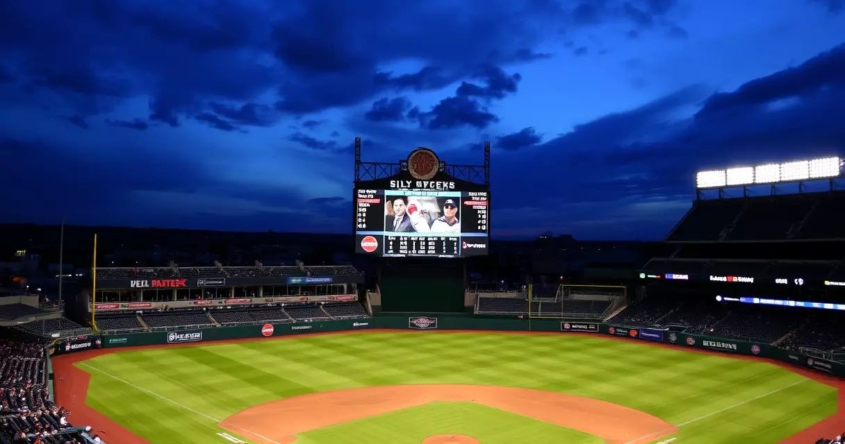Baseball stadium scoreboard showing an inning-by-inning line score at dusk