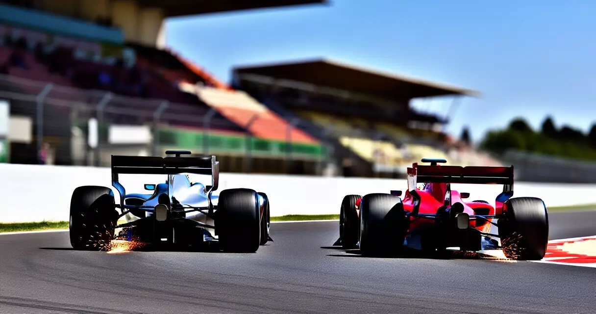 Two F1 cars racing side by side on a sunlit grand prix circuit