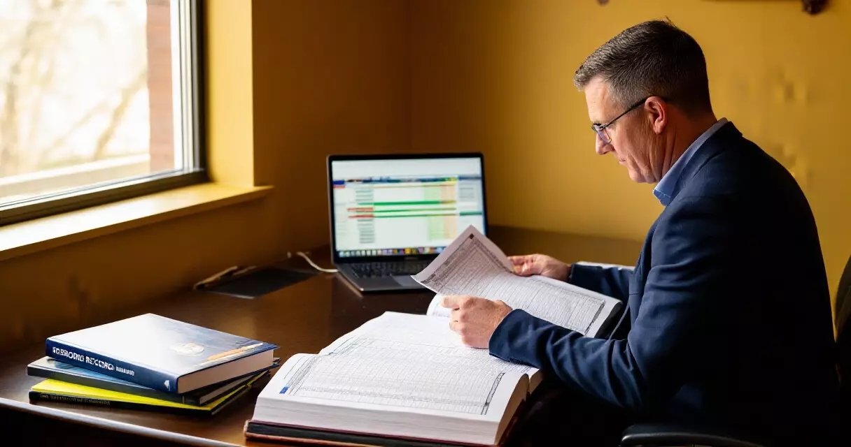 Sports analyst reviewing statistics databases and record books at a desk