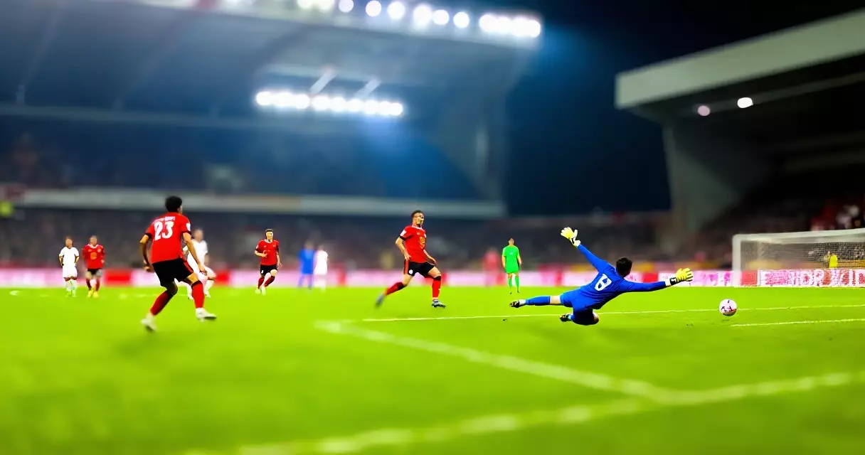 Goalkeeper diving to save a penalty during a Champions League knockout match