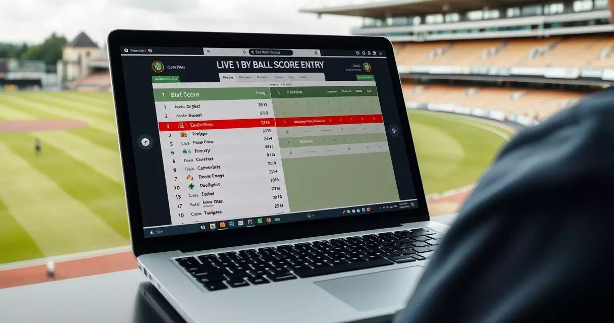 Live cricket scoring interface on a laptop beside a stadium pitch