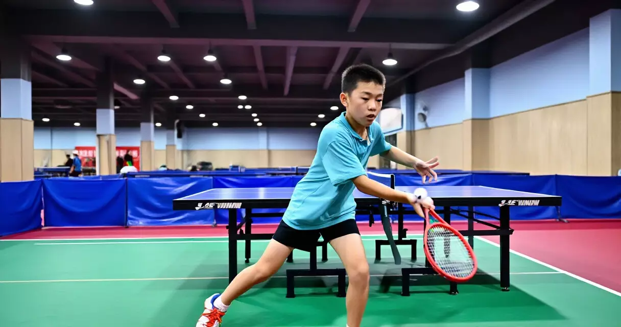 Indoor table tennis match at a Singapore sport hall, player mid-rally