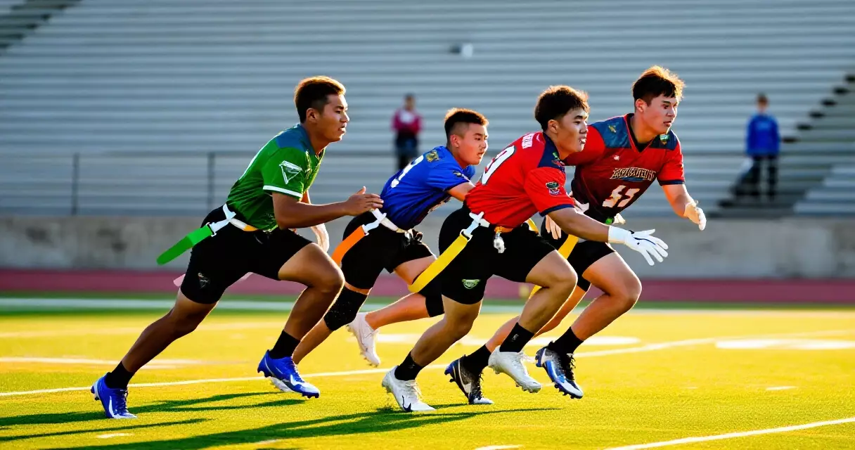 Flag football players competing at international tournament level on a grass field