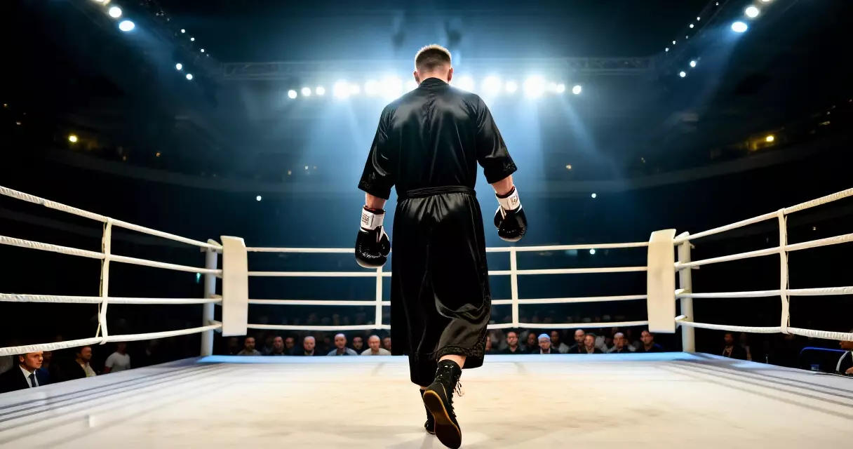 Heavyweight boxer entering the ring at a major arena for a world title fight