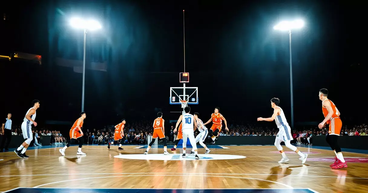 NBA players competing on a professional basketball court under bright arena lights