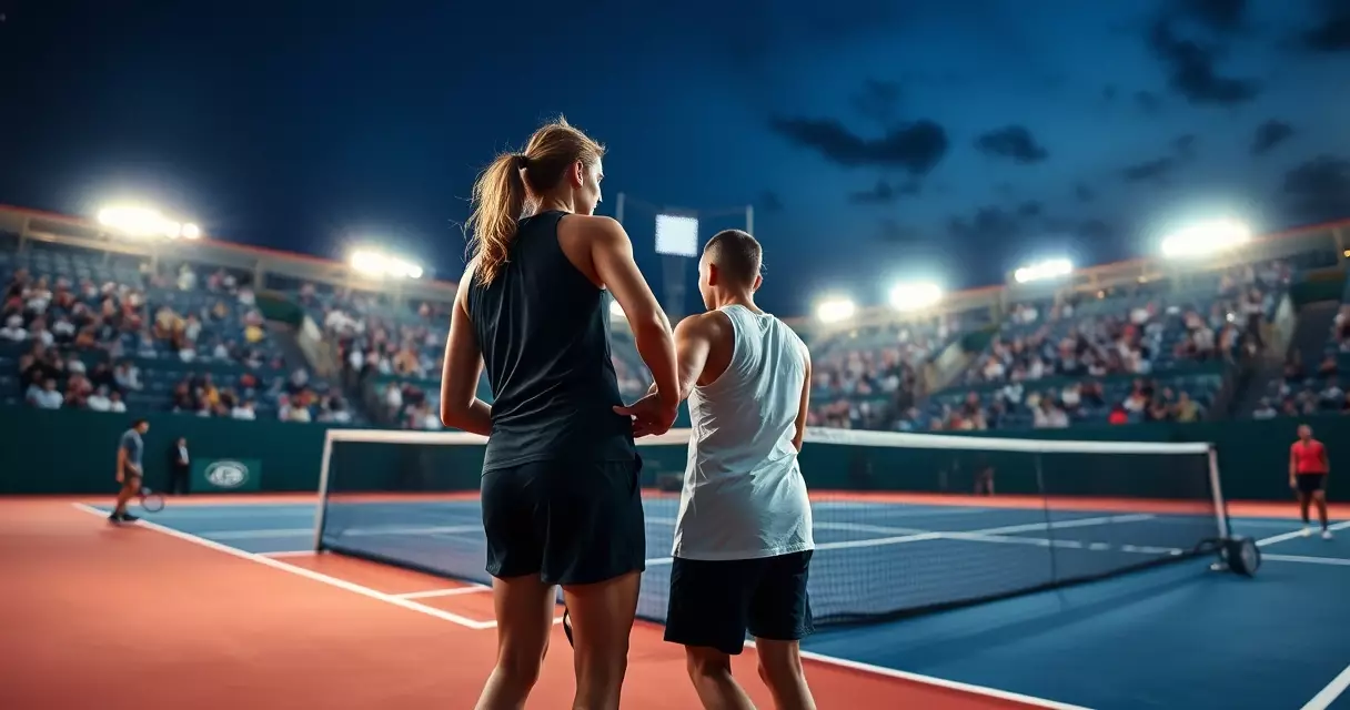 Doubles players at the net during a professional hard-court tennis match