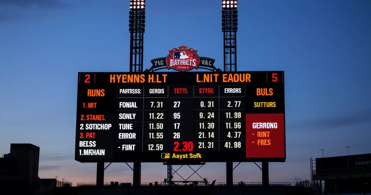 Baseball stadium scoreboard showing inning runs, hits, and errors at dusk