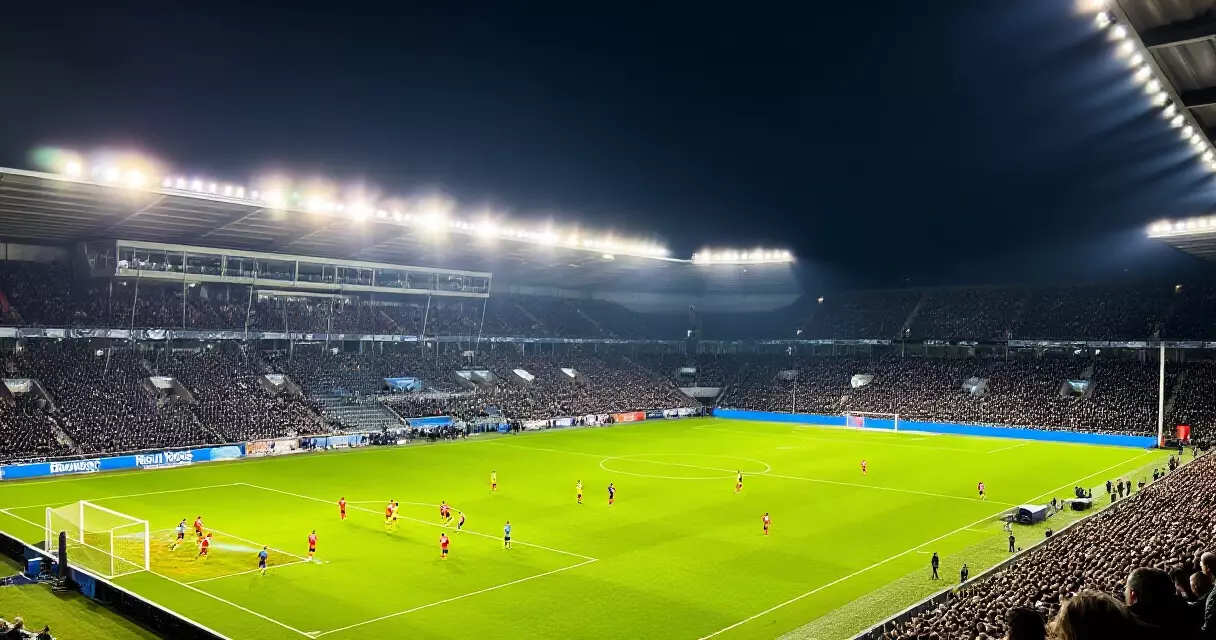 Floodlit stadium filled with fans before a Champions League league phase match