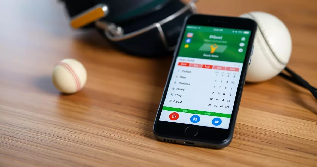 Smartphone showing a live cricket scorecard next to a red cricket ball
