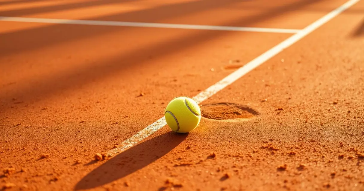 Tennis ball resting on the baseline of a clay court in afternoon light