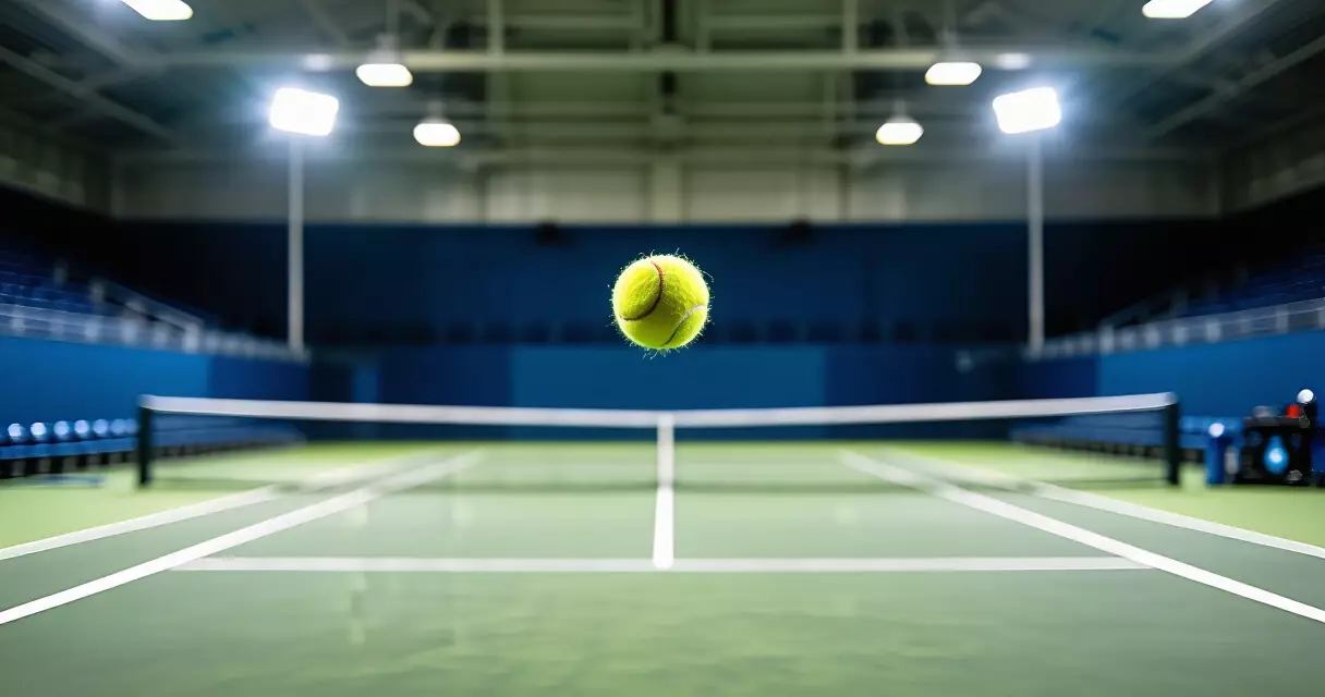 Indoor tennis court under arena lighting with a ball crossing the net