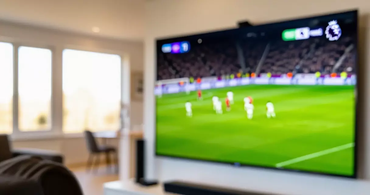 Smart TV showing a Premier League match in a modern living room with morning light