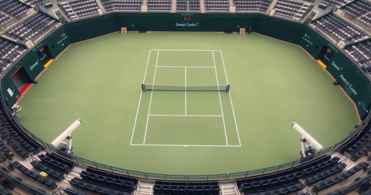 Tennis court seen from above with ball-tracking cameras around the stadium