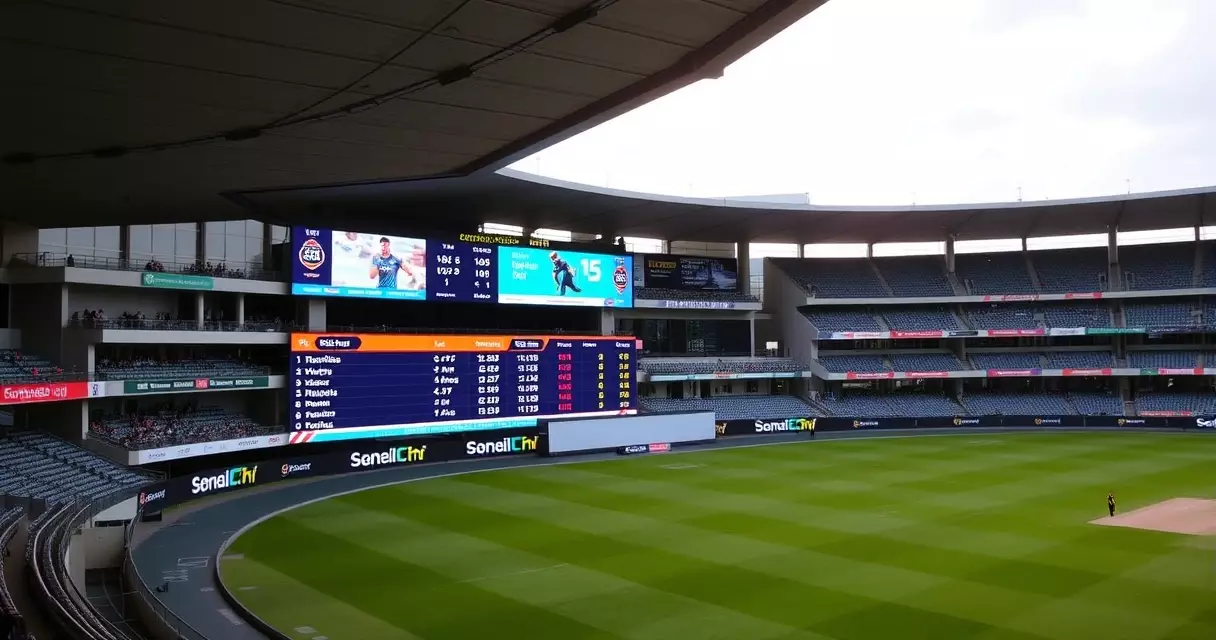 Cricket stadium electronic scoreboard showing match data