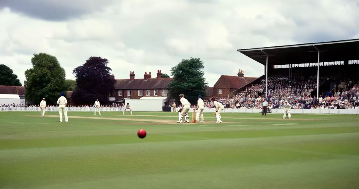 Lord's Cricket Ground outfield with crowd in stands during a 1980s-era match, overcast sky