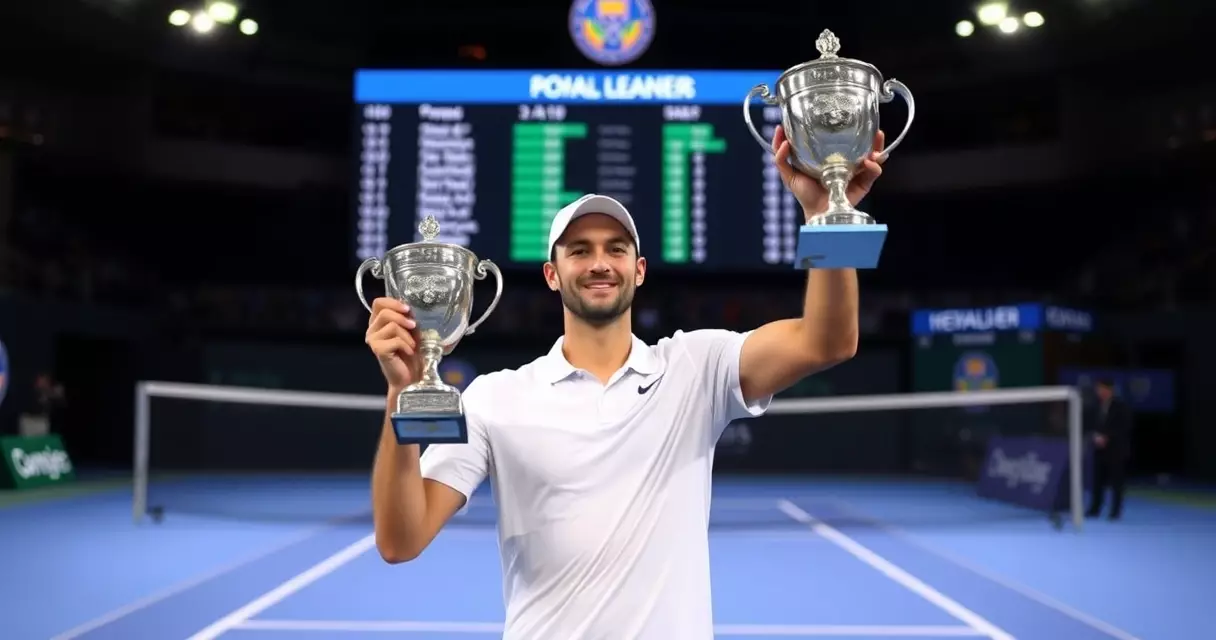 Tennis champion lifting a trophy on court as a leaderboard glows behind