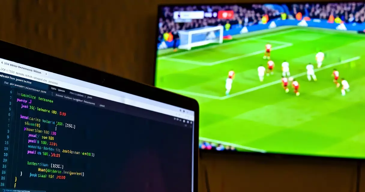 Developer using a football data API to retrieve Premier League match results on a laptop
