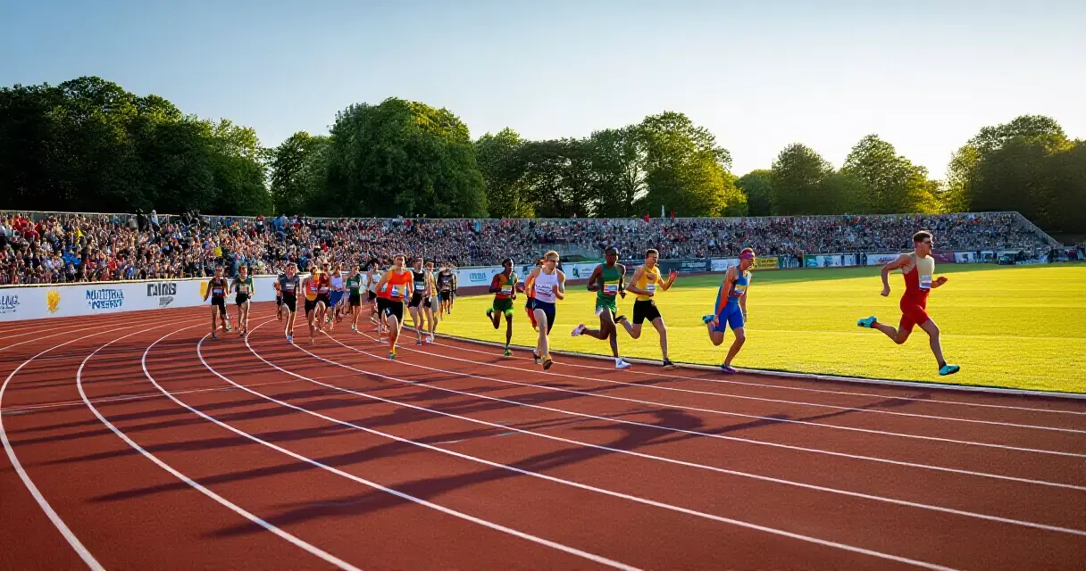 Athletes competing on an outdoor athletics track at a sports competition event