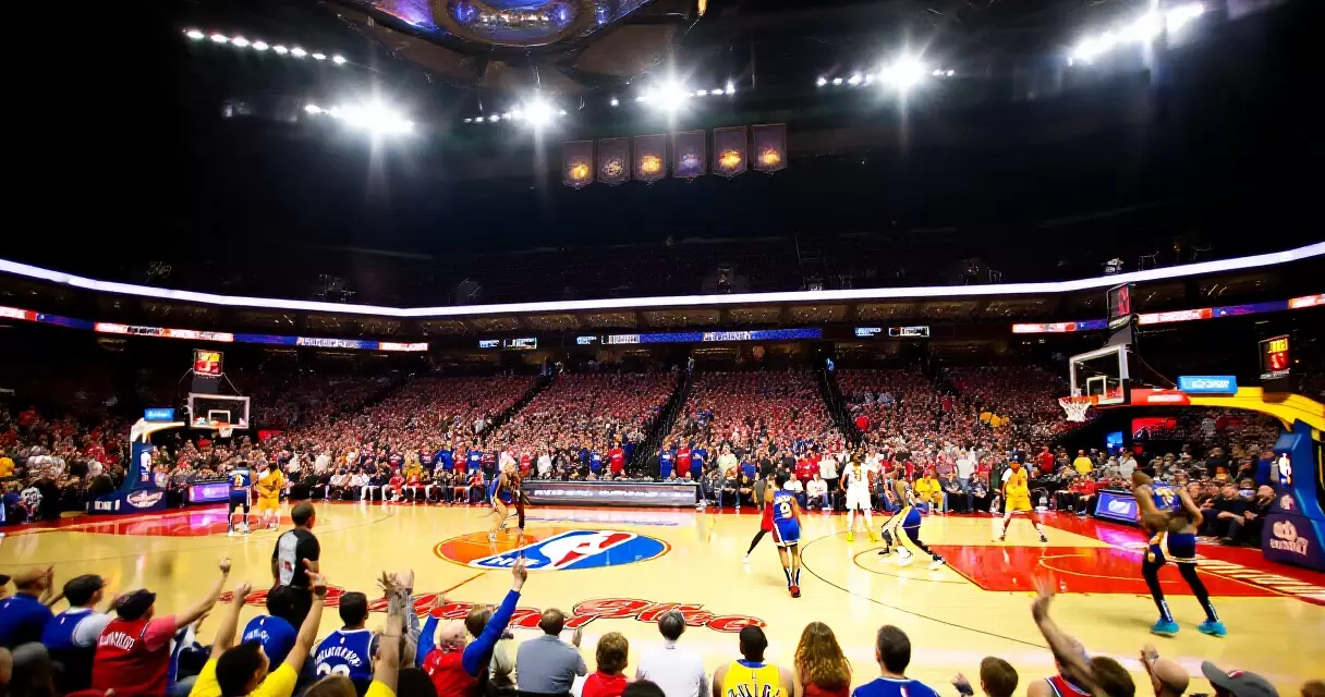 NBA arena packed with fans during an in-season tournament game on painted court