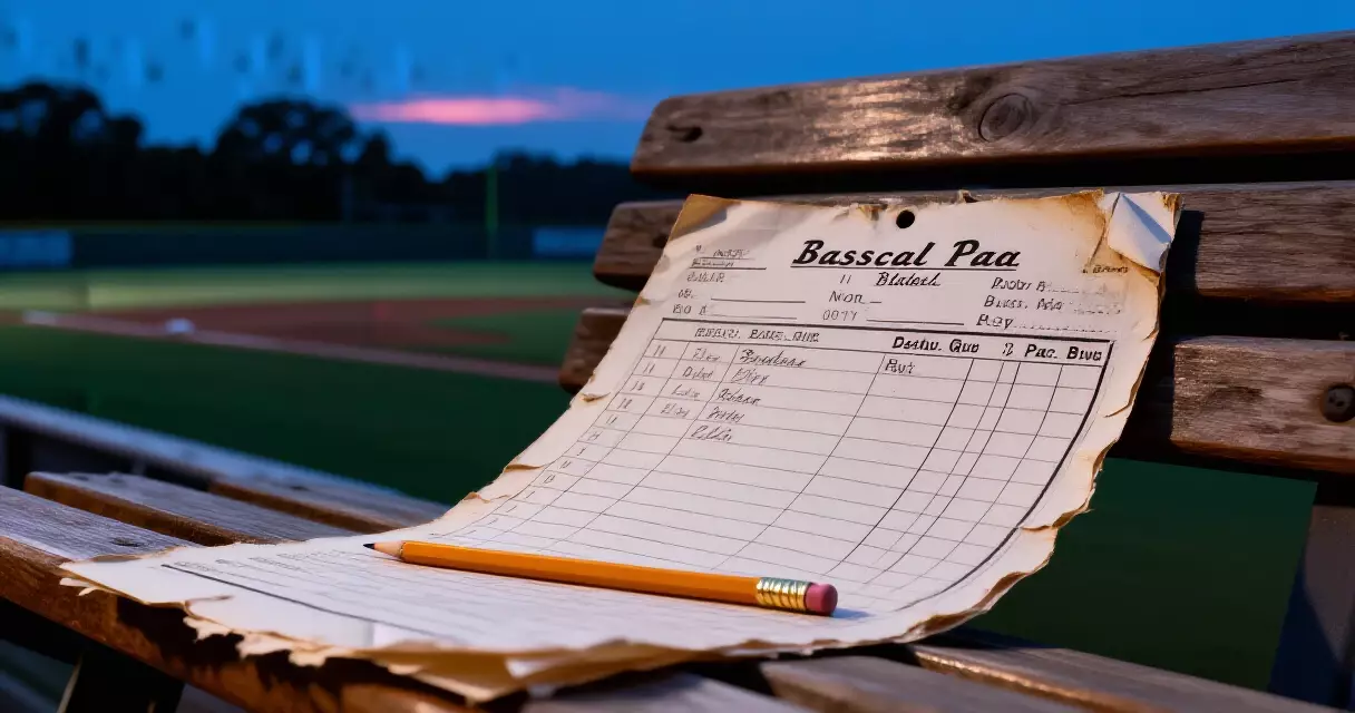 Vintage baseball scorecard and pencil on wooden ballpark seats