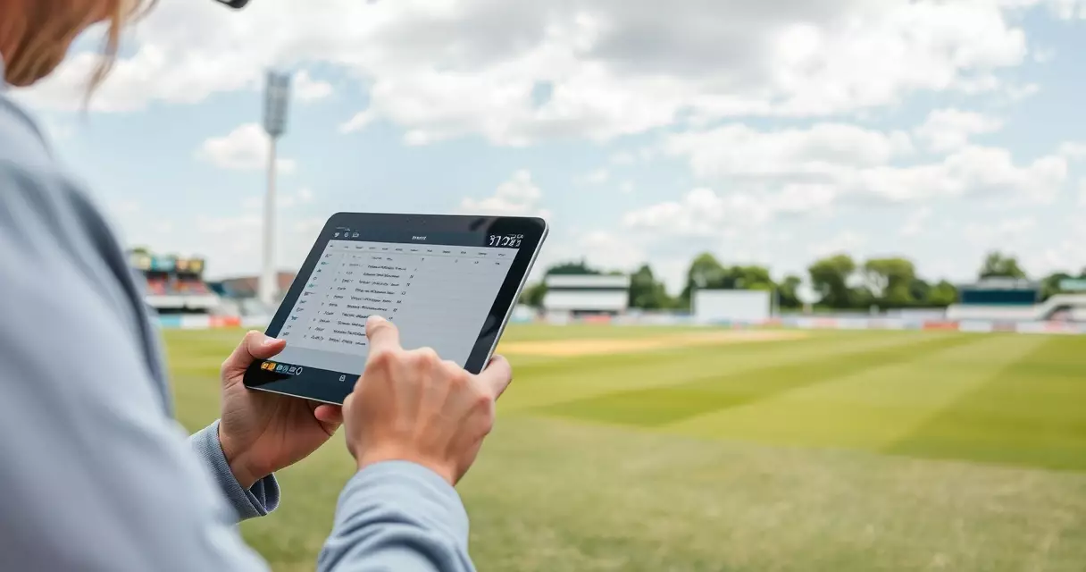 Scorer entering ball-by-ball data on a tablet beside a cricket field
